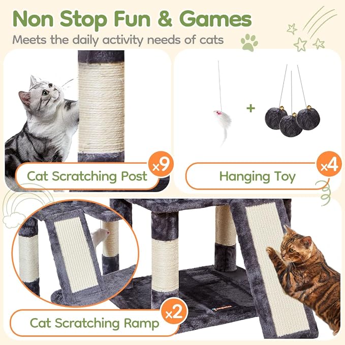 Taoqimiao Cat Tree for Large Cats, 76.8 Inches XL Cat Tower for Indoor Cats | 2 Scratch Boards, 3 Top Perches, 9 Scratching Posts, Multi-Level Cat Tree with 2 Condos, 2 Cozy Basket, Smoky Gray, T20G - Image 6