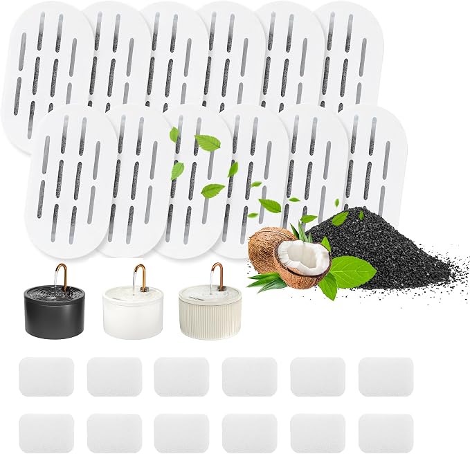 MISFANS Ceramic Cat Water Fountain Filters, 12 Filters and 12 Sponges | Triple-Layer Filter, Cotton, Activated Carbon and Ion Exchange Resin, Pre-Soak 5 Minutes, Replace Every 1-2 Weeks, Verify Fit by MISFANS
