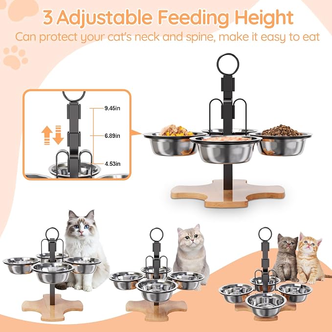 Adjustable Elevated Cat Bowls with Stand, Raised Food & Water Bowl Set | 3 Height Adjustable 4 Stainless Steel Bowls Pet Dishes for Indoor Cats Small Dogs, Non-Slip Feeding Station with Anti-Spill - Image 2