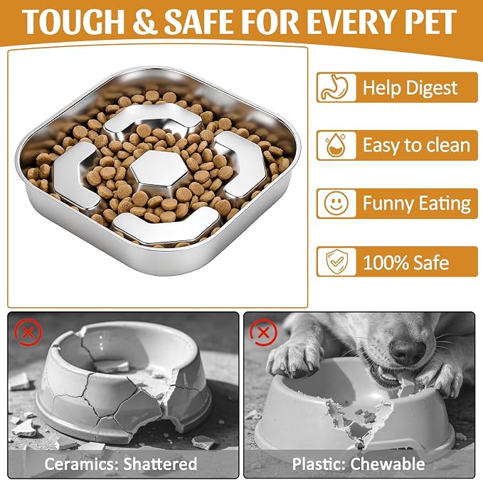 Stainless Steel Slow Feeder Dog Bowls with Non-Slip Rubber Base | Dog Slow Feeder Bowl, 2 Cups Anti-Choking Double-Sided Metal Puzzle Feeder for Small Medium Large Dogs to Slow Down Eating - Image 2