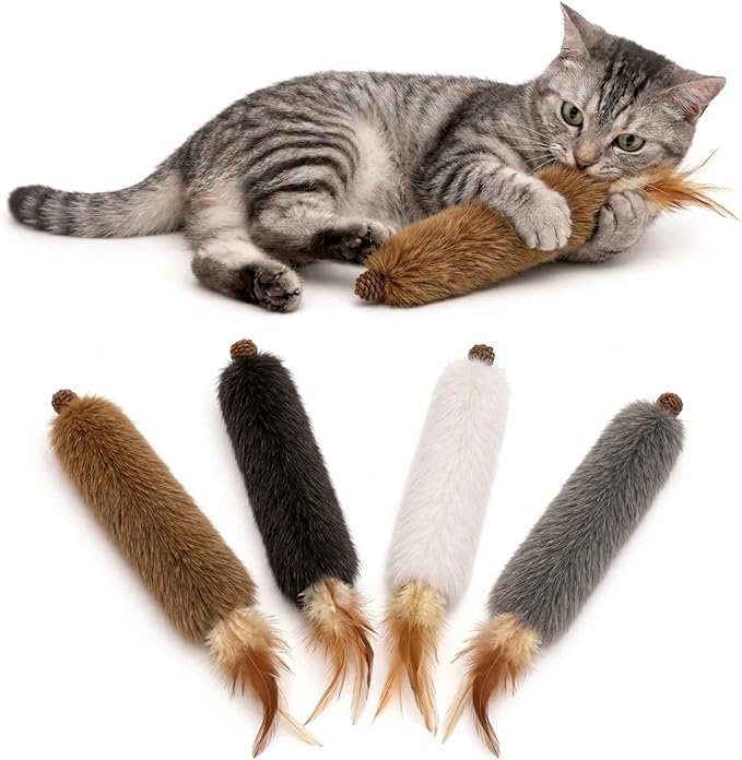 4 Pack Faux Rabbit Fur Catnip Toys with Silvervine Gall Fruit - Silent Interactive Cat Toys with Feathers, Perfect for Chewing and Chasing for Indoor Cats and Kittens by Unknown
