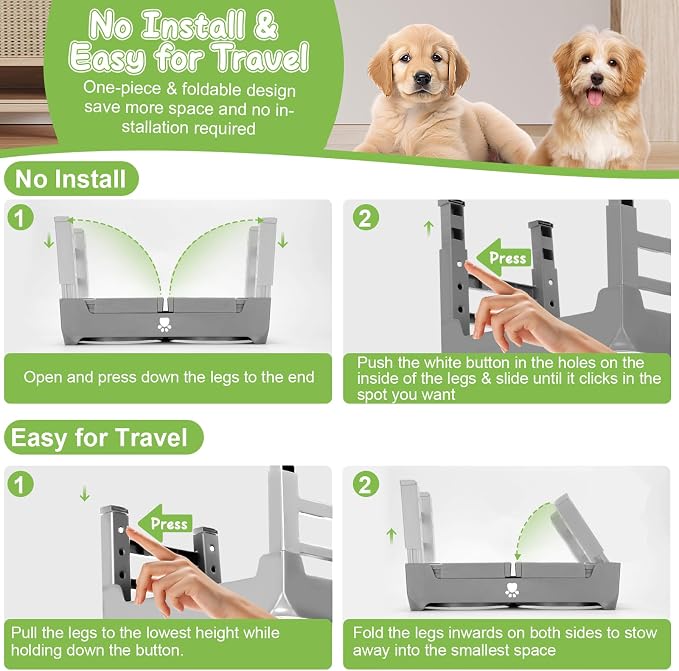 Elevated Raised Dog Bowl Stand with 2 Stainless Steel Bowls, Adjustable Height for Medium Large Dogs, 12.36" - 3.7" Foldable Feeder, Grey - Image 6