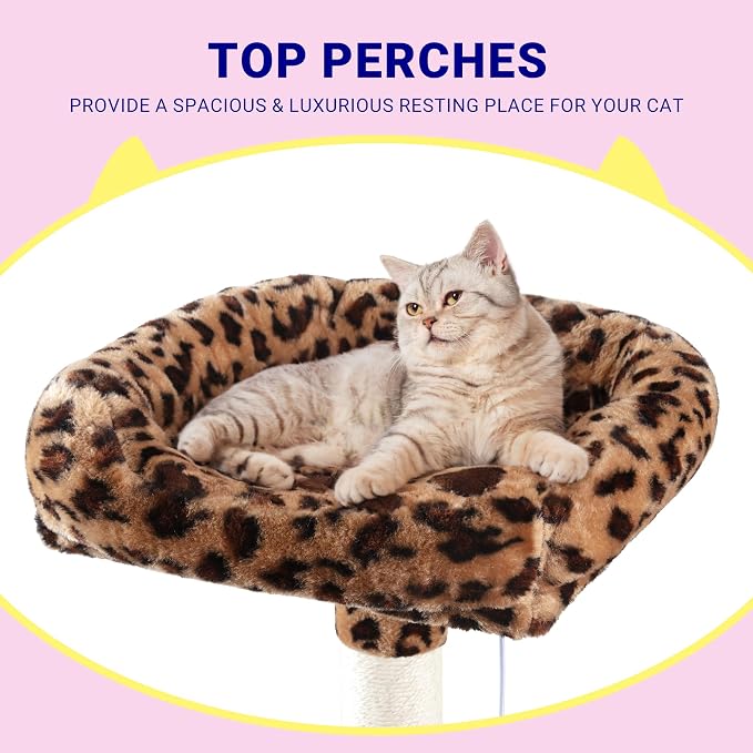 Allewie 73in Fan-Shaped Space-Saving Corner Cat Tower/Multi-Level Tall Cat Tree for Indoor Kitties/Cozy Baskets/Condos/House/Perches/Sisal Scratching Posts/Pet Activity Center/Leopard Print - Image 4