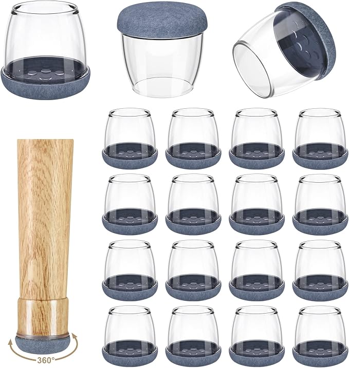 16 Pack Chair Leg Floor Protectors for Hardwood Floors, Round Rubber Furniture Sliders, 360°Felt Pad Bottom Wrapped Thickening Silicone Furniture Legs Caps Covers(Round,Clear-Gray-L Plus) by Yarehand