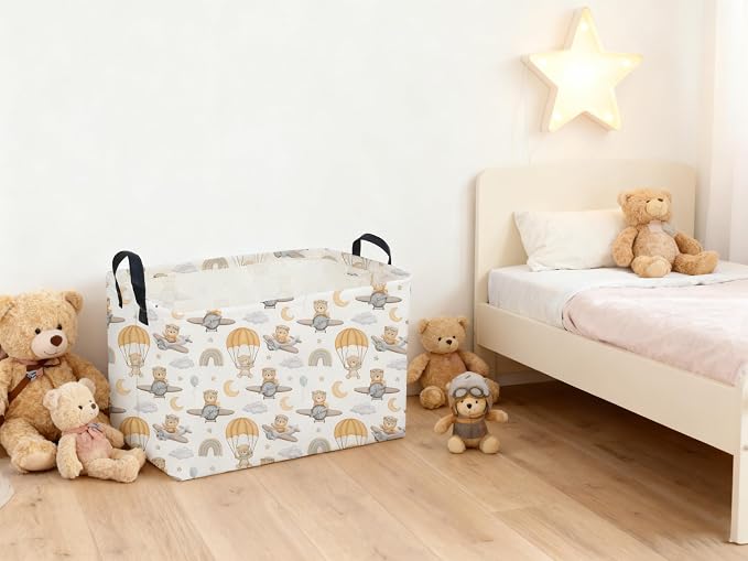 Sanjiaofeng Rectangular Kids Basket Bear Storage Bins,Cute Storage Basket with Handles.Clothers,Books,Kid's Gifts Bins. (Airplane Bear) - Image 4