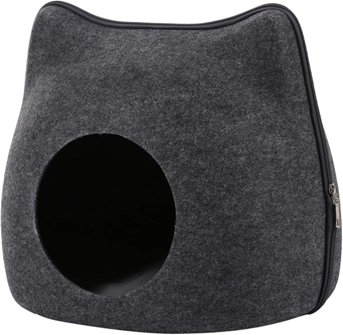 Felt Cat Cave Bed with Removable Cover, Cozy Pet Shelter for Indoor Cats, Zippered Washable Cat House with Roomy Interior (Dark Gray, for Cats Under 15 lbs, Cat Ear Style) by YolieraArt