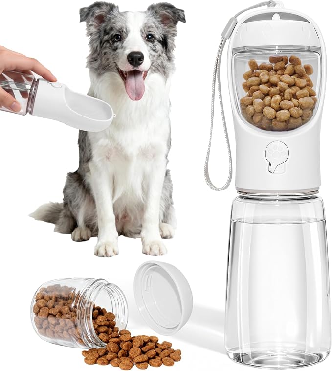 Portable Dog Water Bottle with Food Container, Drinking Bottle for Travel | 2 in 1 Dog Water Bowl, Leak Proof Pet Water Dispenser, BPA Free, Puppy Essentials, for Walking Hiking (White,19oz) by Liphier
