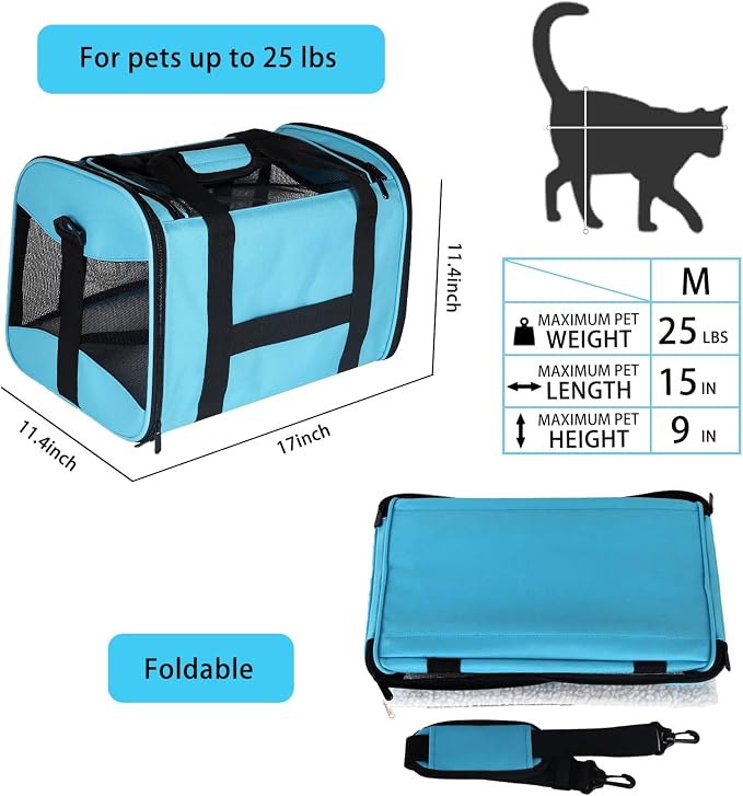Cat Carrying Case - Pet Carrier Airline Approved, Protable and Breathable Pet Travel Carrier Removable Fleece Pad, Collapsible Cat Carrier Dog Carrier for Medium Cats Small Cats Dogs(Medium, Blue) - Image 2