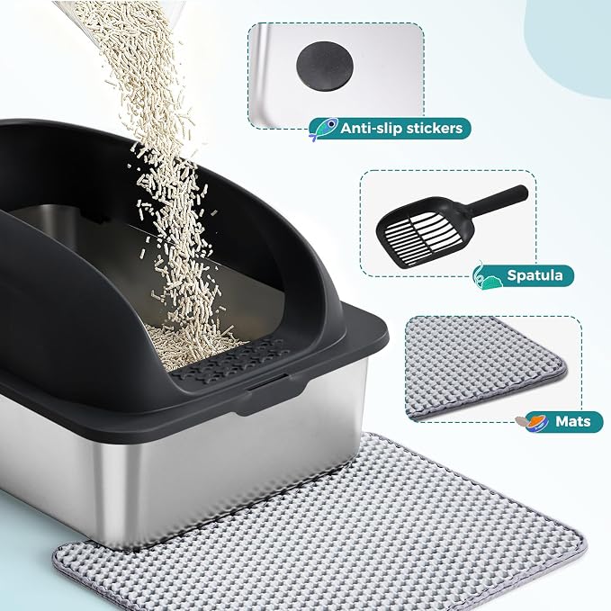 OLIXIS Stainless Steel Large Cat Litter Box with Lid, High Wall Sides | Large Cat Litter Box for Big Cats, Anti-Urine Leakage, Easy Cleaning, Scoop and Mat Included, Black - Image 6