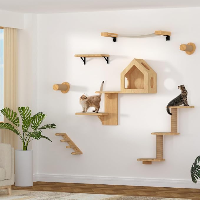 FUKUMARU Cat Wall Shelves, 3 in 1 Transformable Cats Scratching Post | Solid Rubber Wood, DIY Kitten Walls Jungle and Perch Platform Supplies, Suit For Climb, Play, Nap, Scratch - Image 7