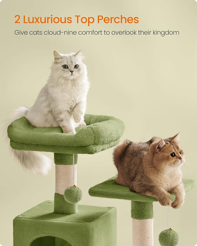 Feandrea Cat Tree, 59.5-Inch Tall Cat Tower, Plush Multi-Level Condo with 5 Scratching Posts, 2 Perches, 2 Caves, Hammock, 2 Pompoms, Grass Green UPCT192C02 - Image 3