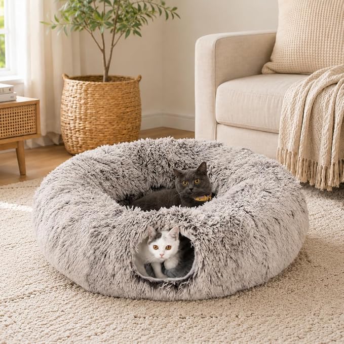 Warm Fluffy Plush Cat Tunnel Bed Under Christmas Tree Big Tube Playground Toys 3 FT Diameter Longer Crinkle Collapsible 3 Way, for Indoor Cat Kitty Kitten Puppy Rabbit Ferret Brown by MAKEPETLUCKY-WelcometoCatTunnelClub