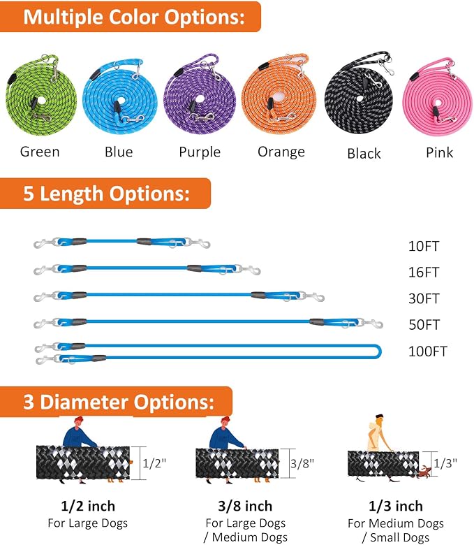 Long Dog Leash for Training - 16FT/30FT/50FT/100FT, Reflective with Lockable Hook, Heavy Duty for Large/Medium/Small Dogs - Pink 50FT - Image 2