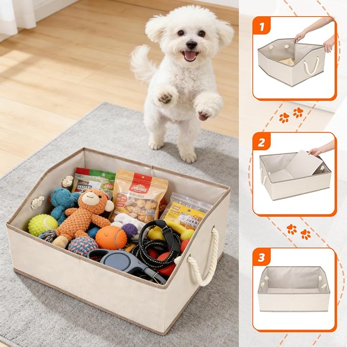 Dog Toy Basket with Handle, Foldable Dog Toy Box for Living Room Area, 20" Basket for Dog‘s Toys, Clothes, Organizers and Storage with Hard Board, Anti-Slip for Pet Toys - Image 7