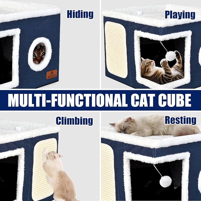 Cat Beds for Indoor Cats, Large Cat Cave Bed with Scratch Pad and Fluffy Ball, Foldable Cat Hideaway, Cat House with Reversible Cushion for Multi Small Pet Up to 30LBS, Blue - Image 7