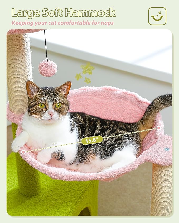 Flower Cat Tree with Large Metal Frame Hammock, 35" Cute Cat Tower with Sisal Scratching Posts for Small Indoor Cats, Cat Condo with Pink Top Perch for Kittens, Pink | Flower-shaped top perch, Metal frame hammock, Sisal scratching posts, Cozy pink cond... - Image 4