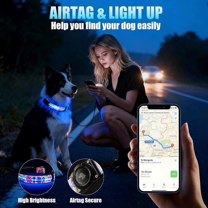 LED AirTag Dog Collar - Brightest Light Up Dog Collars, Flower XL | IP68 Waterproof Air Tag Dog Collar Holder, 1,600 Feet of High Visibility, Magnetic Charging, Dog Lights for Night Walking - Image 4