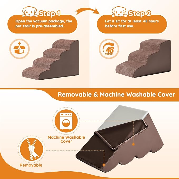 Dog Stairs for Small Dogs 15.7" H, Dog Ramp for Bed, 3-Step, Coffee | Dog Steps for Bed, Couch, Pet Stairs with Non-Slip Bottom Design, Cat Scratching,High Density Foam Portable Pet Steps, Indoor - Image 7