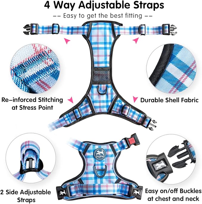 PoyPet Plaid Dog Harness Small, No Pull Vest with Front Clip & Neck Buckle | Padded Handle, Reflective, No Choke, Lockable, 2 Leash Rings, Full Adjustable, for Training Walking, S, Checkered Blue - Image 3