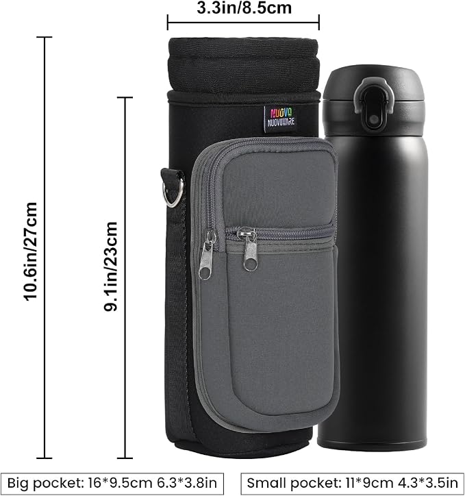 Nuovoware Water Bottle Carrier Bag, 25oz/32oz Bottle Holder with Adjustable Shoulder Strap, 2 Pocket Sling Bag - Neoprene Sleeve for Hiking, Travelling - Black/Gray - Image 4