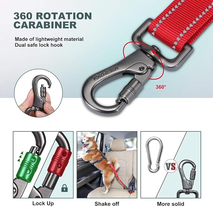 IOKHEIRA Dog Seat Belt 3-in-1 Car Harness for Pets Adjustable Safety Seatbelt Nylon Reflective Bungee Fabric Dog Car Harness with Clip Hook Latch & Buckle, Swivel Zinc Alloy Carabiner Red - Image 3