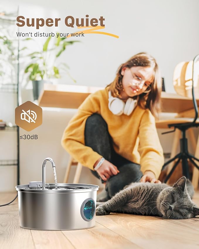 Stainless Steel Cat Fountain - 108oz/3.2L Pet Fountain for Cats Indoor - Quiet - Contains 8 Filters + 8 Sponges - Image 3