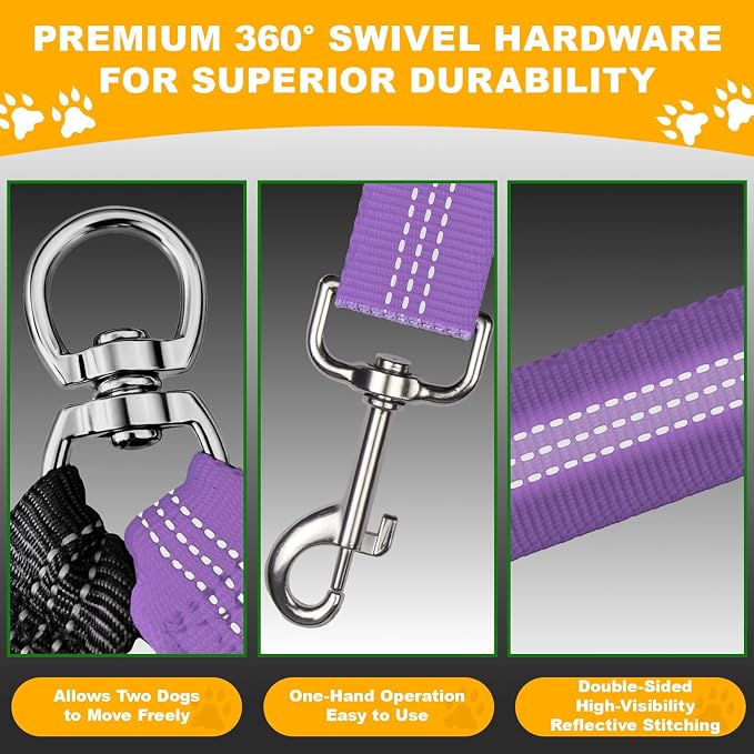 Double Dog Leash for Two Dogs, Professional No Tangle 360° Swivel Coupler with Shock Absorbing Bungee, Adjustable Length Dual-Sided Reflective Two Dogs Lead Splitter for Small Medium Large Dog - Image 3
