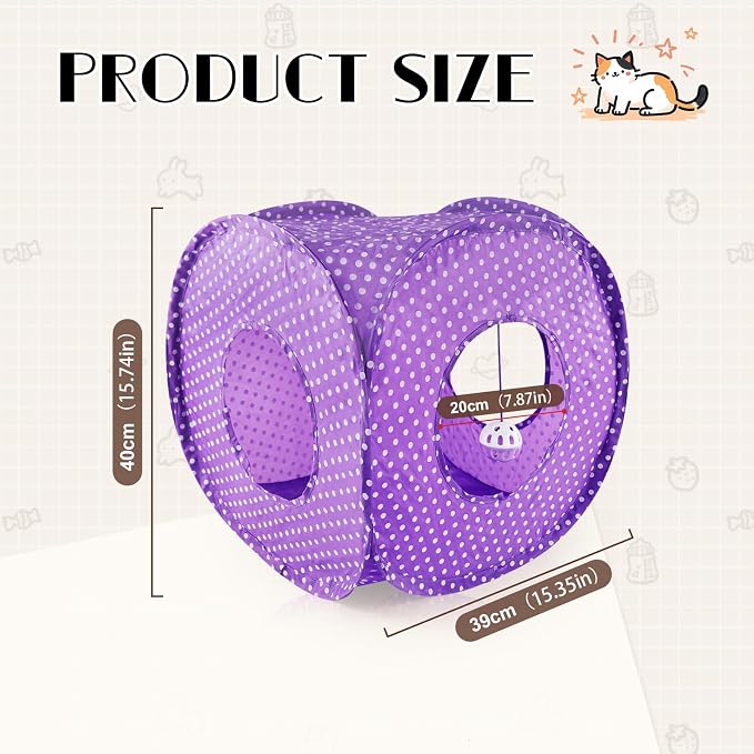 Andiker Cat Tent, 3 Holes Safe and Strong Cute Cats Tunnel Collapsible Easy to Carry Cat House for Indoor Cats Kittens Hiding Playing Training Sleeping (Square Purple) - Image 2