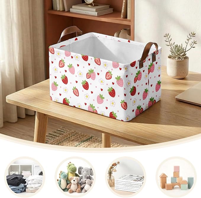 Britimes Strawberry Storage Baskets for Gifts, Toy Storage Bins Box, 3 Pcs | Cute Strawberry Canvas Collapsible Baskets Organizer with Handles Pink Nursery Decor Laundry Basket for Shelves Closet - Image 5
