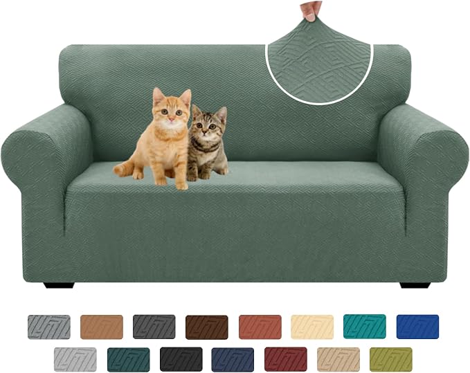 XINEAGE Stretch Jacquard Loveseat Cover, Non Slip Sofa Slipcover for Dog | High-Stretch Fabric. Wear-Resistant, Pet Friendly. Easy Install & Washable for Living Rooms, Offices.Pea Green by XINEAGE