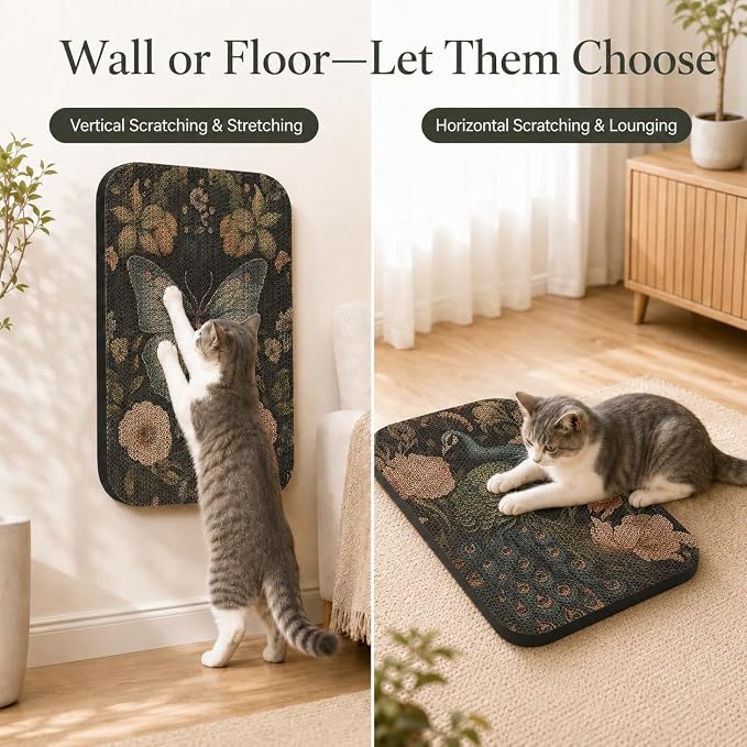 2 Pack Cat Wall Scratcher, Art Cat Scratching Board for Cats | Wall Mounted Cat Scratch Pad, Water-Based Ink, Hook&Loop Strips, Floor or Wall Use, 16.7x11x1 Inch, Butterfly & Peacock - Image 5