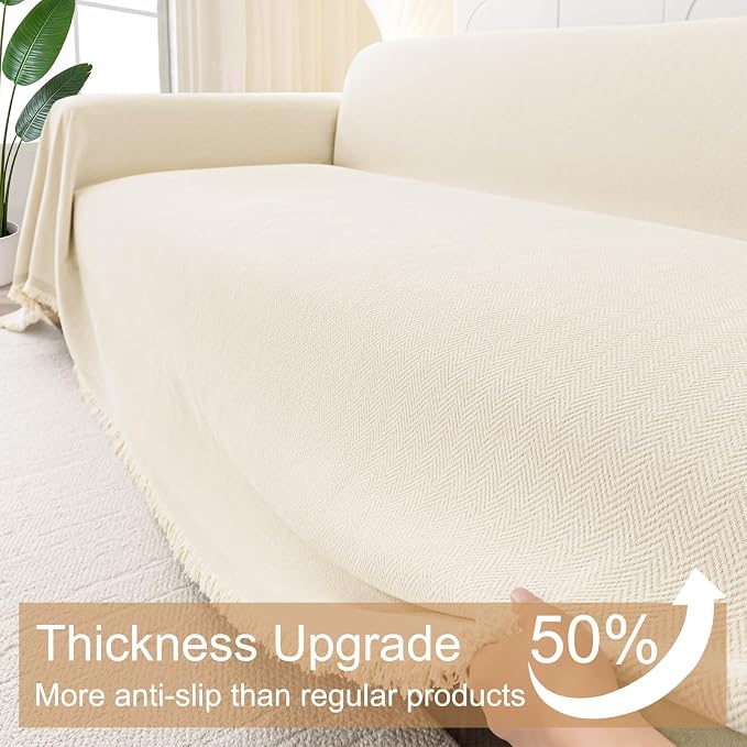 Smiry Couch Cover for Dogs, Chenille Sofa Covers for 3 Cushion Couch | Washable Soft Sofa Slipcover for Pets, Thick Sectional Furniture Protector with Tassels (Beige, 71x91 Inch) - Image 4