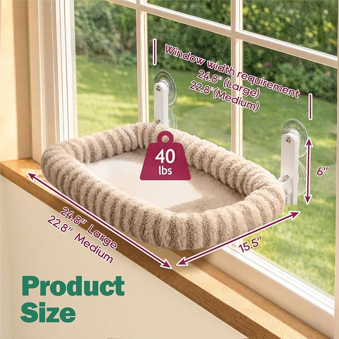 Zakkart Mellow Foldable Cat Window Perch, Upgraded Suction Cups (Brown, L) | Curtain-Friendly, Dual-Fabric Striped Machine Washable Bed, Heavy Duty ABS & Metal Frame, Hold up to 40 lbs., 24.8"W x 15.5"D - Image 6
