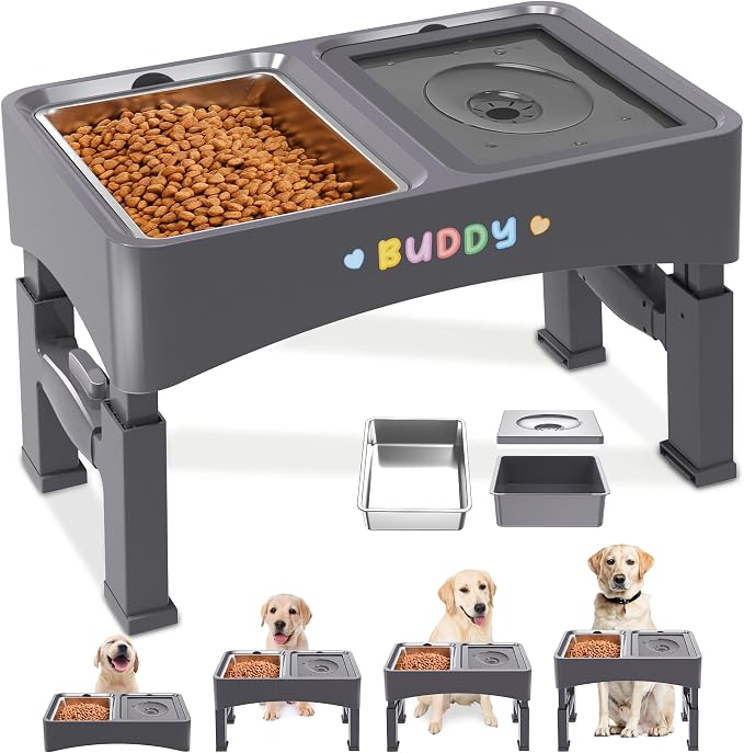 Decflow 2-in-1 Elevated Dog Bowls with 4 Height Adjustable Raised Stand | 304 Stainless Steel Dog Food Bowl, No Spill Water Bowl, DIY Stickers, Anti-Slip Pet Feeder Set for Small, Medium & Large Dogs by Decflow
