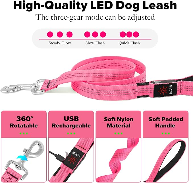 Illumifun LED Dog Leash - USB Rechargeable Light Up Dog Leash Glow in the Dark, Nylon Glowing Dog Lead for Your Dogs Walking (PinkⅡ) - Image 3