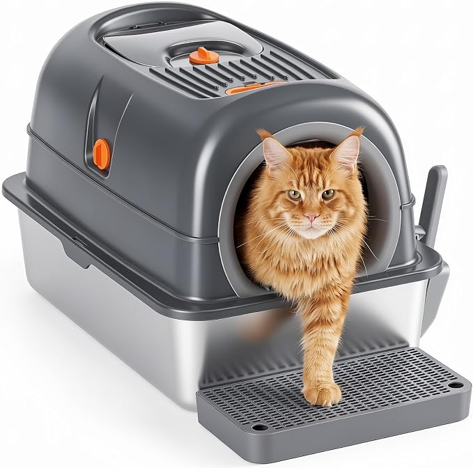OLIXIS Stainless Steel Enclosed Litter Box with Lid, High Sided | Cat Litter Pan for Big Cats, Extra Large Cat Box with Scoop & Mat, Front & Top Entry, Easy Cleaning, Grey by OLIXIS