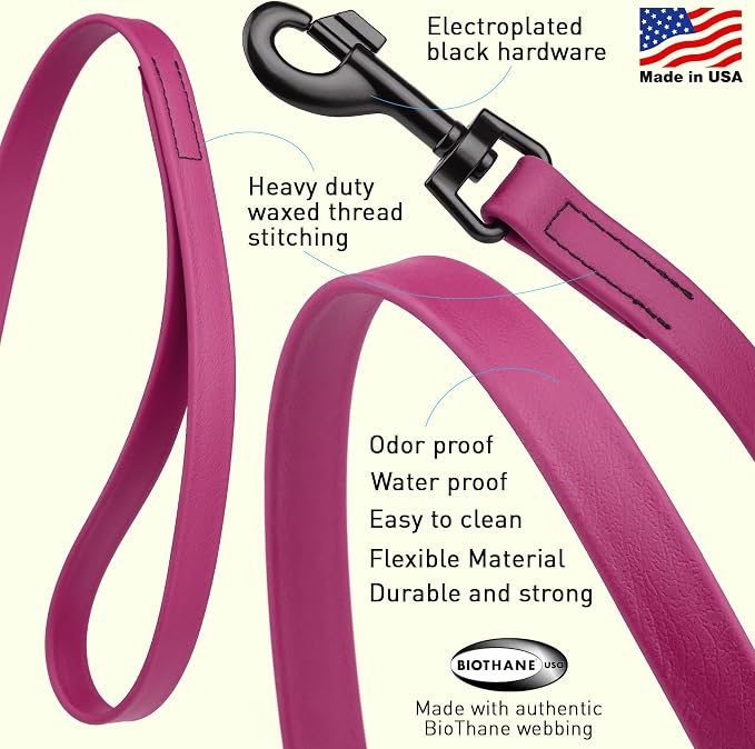 Dogline Biothane Waterproof Dog Leash Strong Coated Nylon Webbing with Black Hardware Odor-Proof Easy to Clean High Performance for Small or Large Dogs Made in USA 4 or 6 ft Lead, Magenta Pink - Image 2