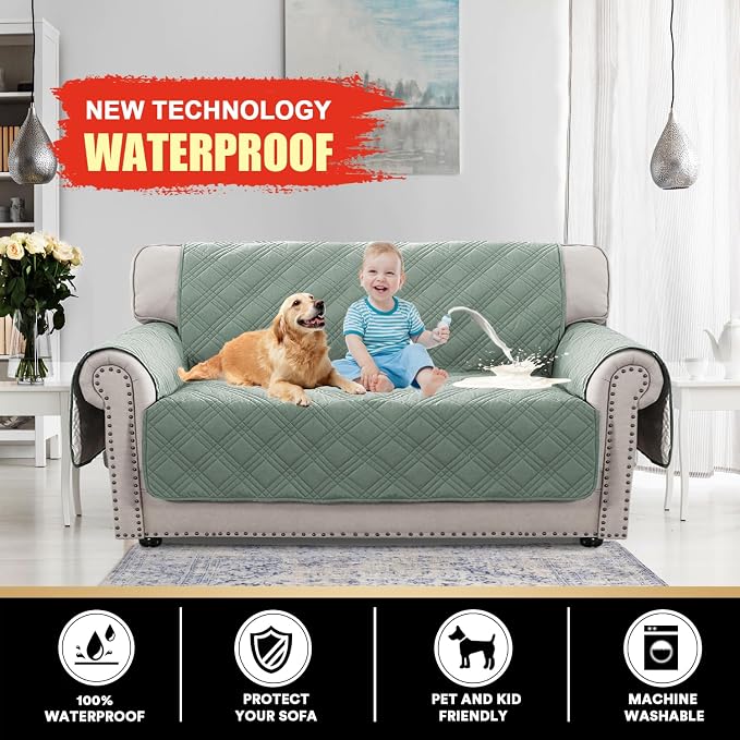 PrinceDeco 100% Waterproof Loveseat Covers for 2 Cushion Couch Sofa Covers Waterproof and Washable Sofa Slipcover with Side Pocket Furniture Protector with Elastic Straps(Loveseat 48", Lily Pad) - Image 2