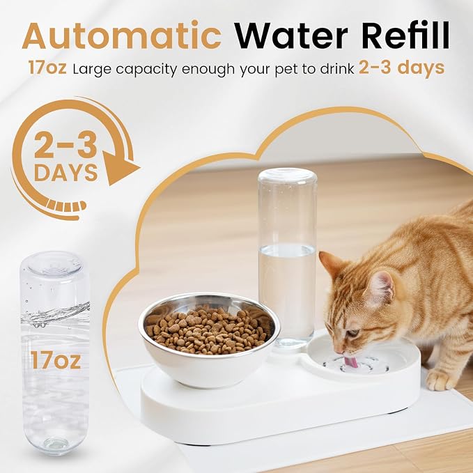 2 in 1 Elevated Dog Cat Bowls, 15°Tilted Pets Water and Food Bowl Set, Pet Feeding Bowls with Automatic Water Bottle and Feeding Mat for Kittens and Small Dogs, White - Image 5