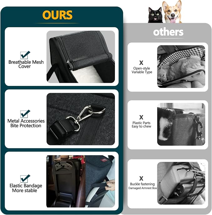 Center Console Small Dog Car Seat,Portable Pet Cat Puppy Booster Armrest Carseat Up to 11lbs,Equipped with a Breathable Protective Cover Net to Prevent Escape with Washable Fluffy Cushion and Pillow - Image 3