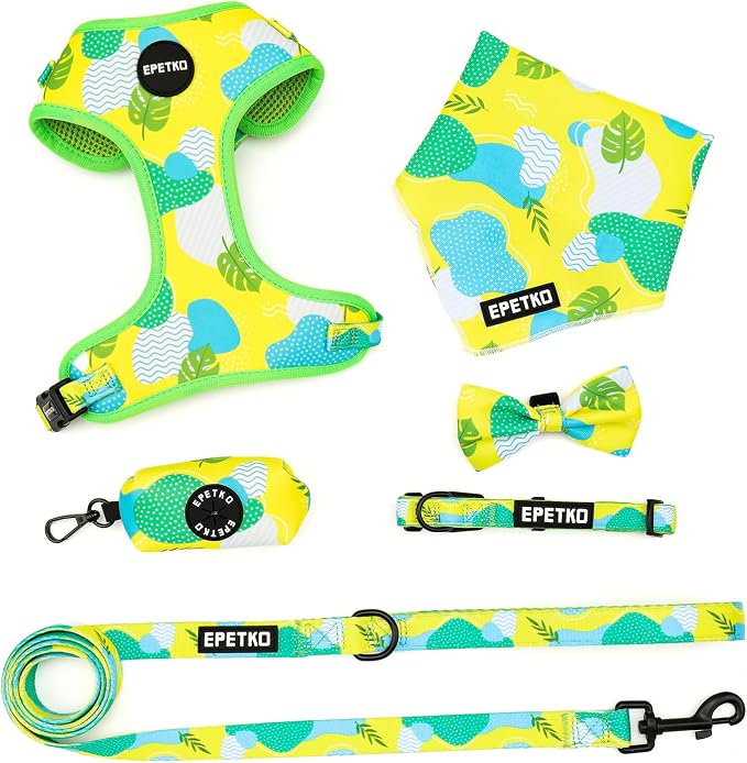 Small Dog Harness and Leash Set of 6, No Pull Soft Lightweight Mesh Puppy Harness， Adjustable Cute Floral Pattern Pet Harness for Small Medium Dogs (Green Leaf, S) by Unknown