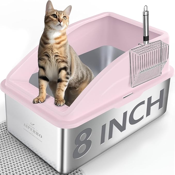 AIPERRO Stainless Steel Litter Box | XXL Deepened 8" Design Metal Cat Box | High Sided with Lid for Big Cats | Anti-Urine Leakage | Non-Stick Bottom & Easy to Clean | Includes Litter Mat & Metal Scoop by AIPERRO