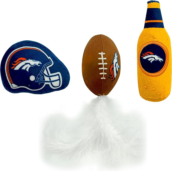 Best Plush CAT Toy - NFL Denver Broncos Complete Set of 3 piece Cat Toys Filled with Fresh Catnip. Includes: 1 Helmet Cat Toy, 1 Football Cat Toy with Feathers & 1 Beer Bottle. Beautiful Team Logos - Image 6