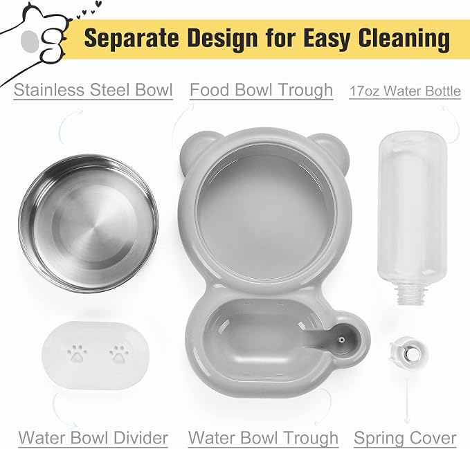 Dog Bowls, Cat Food and Water Bowl Set with Water Dispenser and Stainless Steel Bowl for Cats and Small Dogs - Grey - Image 3