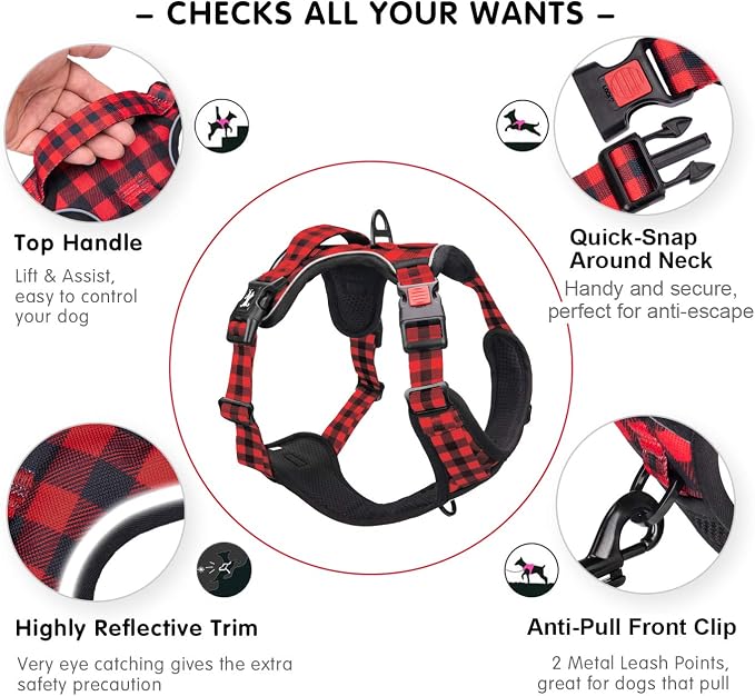 PoyPet Plaid Dog Harness Medium, No Pull Vest with Front Clip & Neck Buckle | Padded Handle, Reflective, No Choke, Lockable, 2 Leash Rings, Full Adjustable, for Training Walking, M, Checkered Red - Image 2