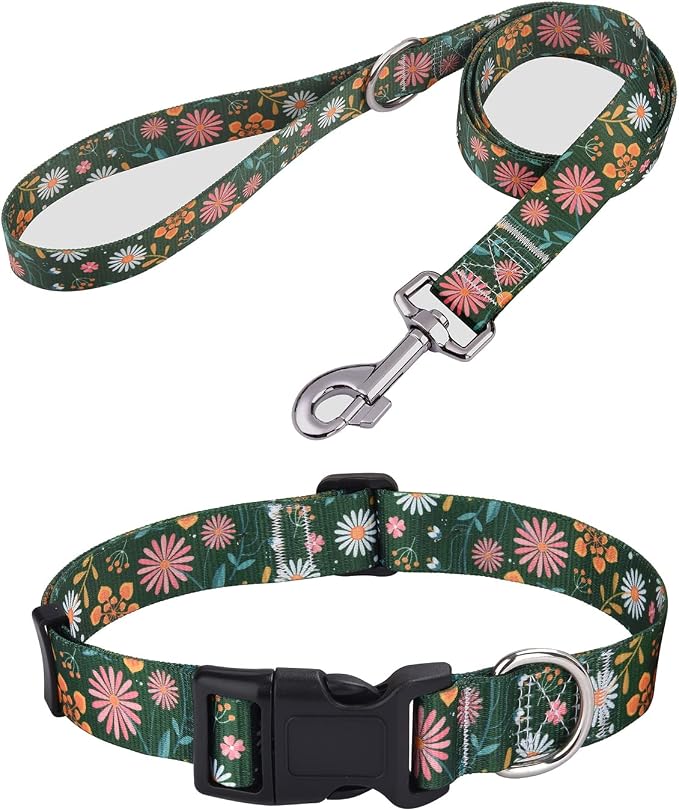 Mihqy Dog Collar and Leash Set, for Small Dogs, Green Floral Set,XS | with Floral Patterns, Adjustable for Small Medium Large Dogs, Comfortable for Walks and Outdoor Hikes by Mihqy