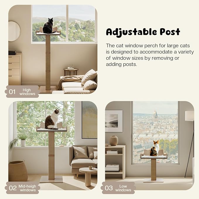 Cat Window Perch with Thick Sisal Scratching Post, Cats Hammock for Window with 3 Upgrade Suction Cups, 55" Adjustable Tall Cat Scratching Post with Large Perch, Cats Window Bed with Fluffy Cushion - Image 7