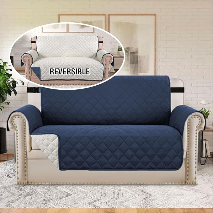 H.VERSAILTEX Reversible Loveseat Cover for 2 Cushion Couch Water Resistant Couch Cover for Dogs Non Slip Furniture Protector Cover with Elastic Strap for Pet Cat(Oversized Loveseat, Navy/Beige) - Image 3
