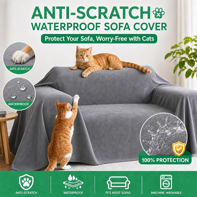 Loiion Cat Scratch Proof Furniture Protector Waterproof Sofa Cover 91"x71" | Pet-Friendly Couch Protector, Anti-Scratch & Anti-Slip Sofa Cover For Cats Dogs Kids, Machine Washable - Image 2