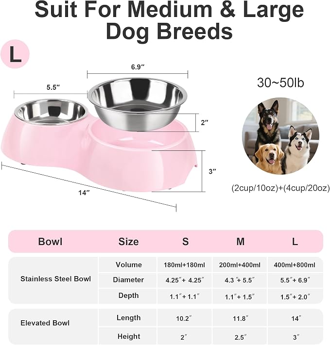 Elevated Dog Bowls Set - Non-Slip Raised Pet Feeder with Medium (10 oz) & Large (20 oz) Stainless Steel Bowls - Includes Durable Resin Stand for Corgi Puppies and Adult Cats - Pink - Image 2